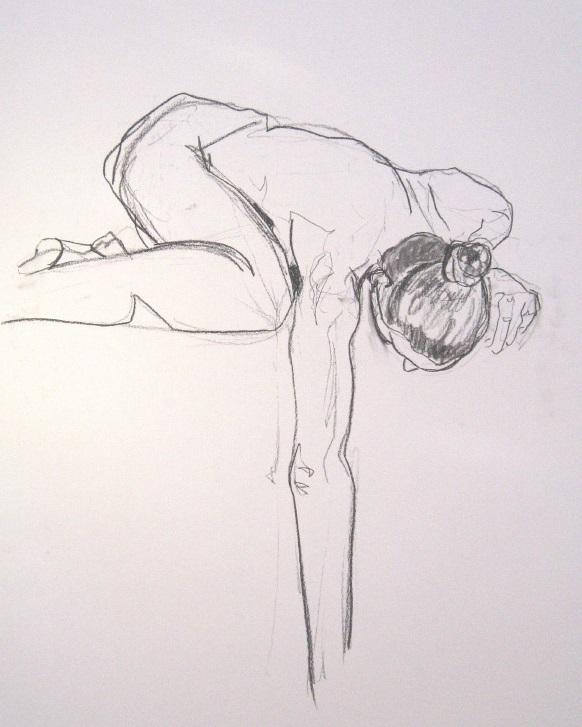 A pencil drawing, done from a live model, of a person crouching down and reaching for something. 