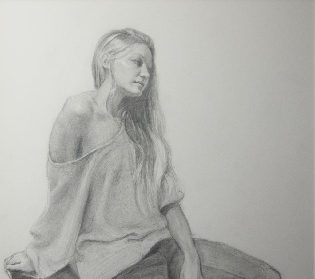 A pencil drawing of a woman leaning on a desk.