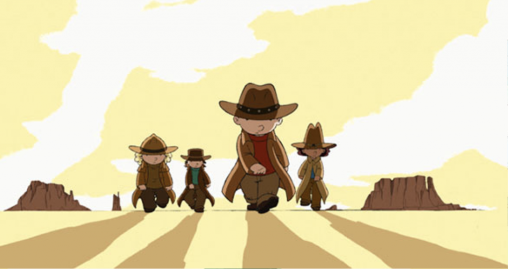 A wild-west-style animation of four children in cowboy hats walking through the desert.