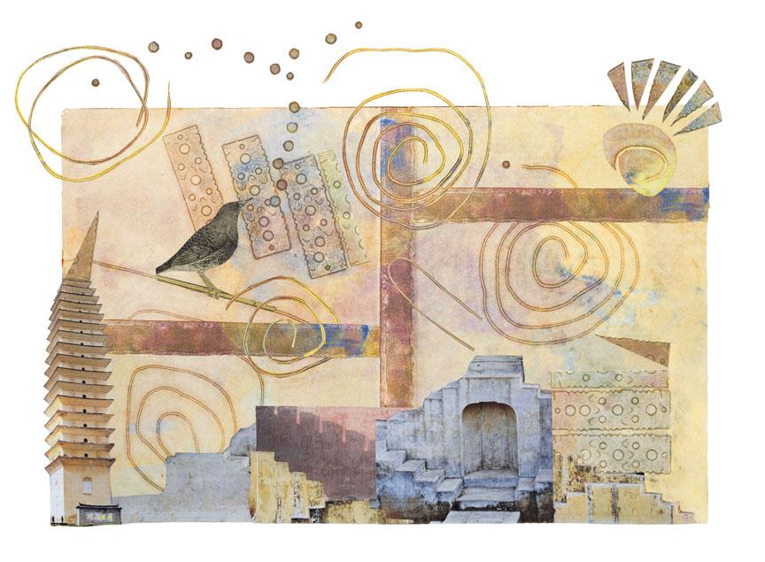 A collage by instructor Judy Gould titled World View.