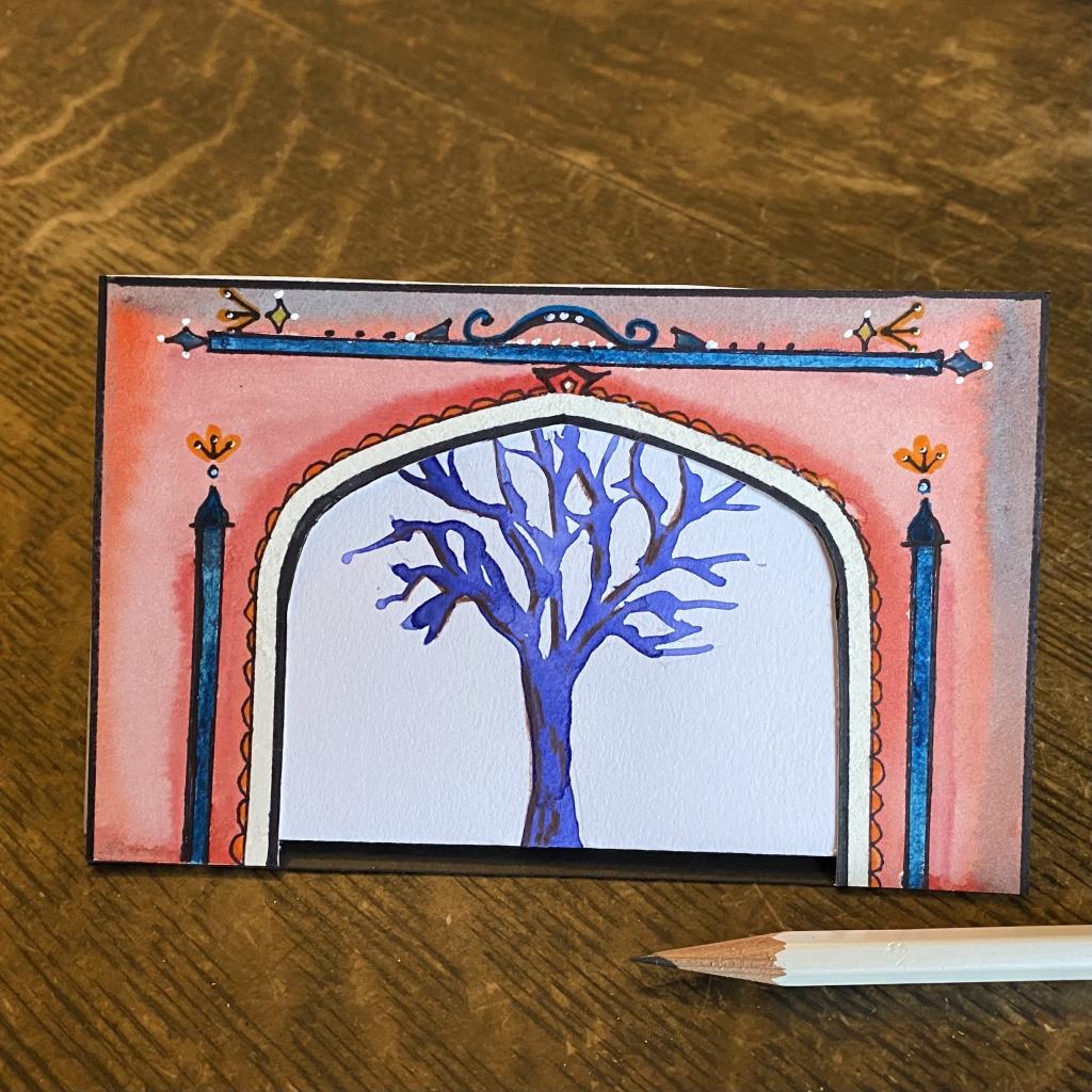 "Miniature Theater" created but Instructor Mary Amato. Light pink background with a white arched opening in the center. In the center of the white archway is a purple tree.