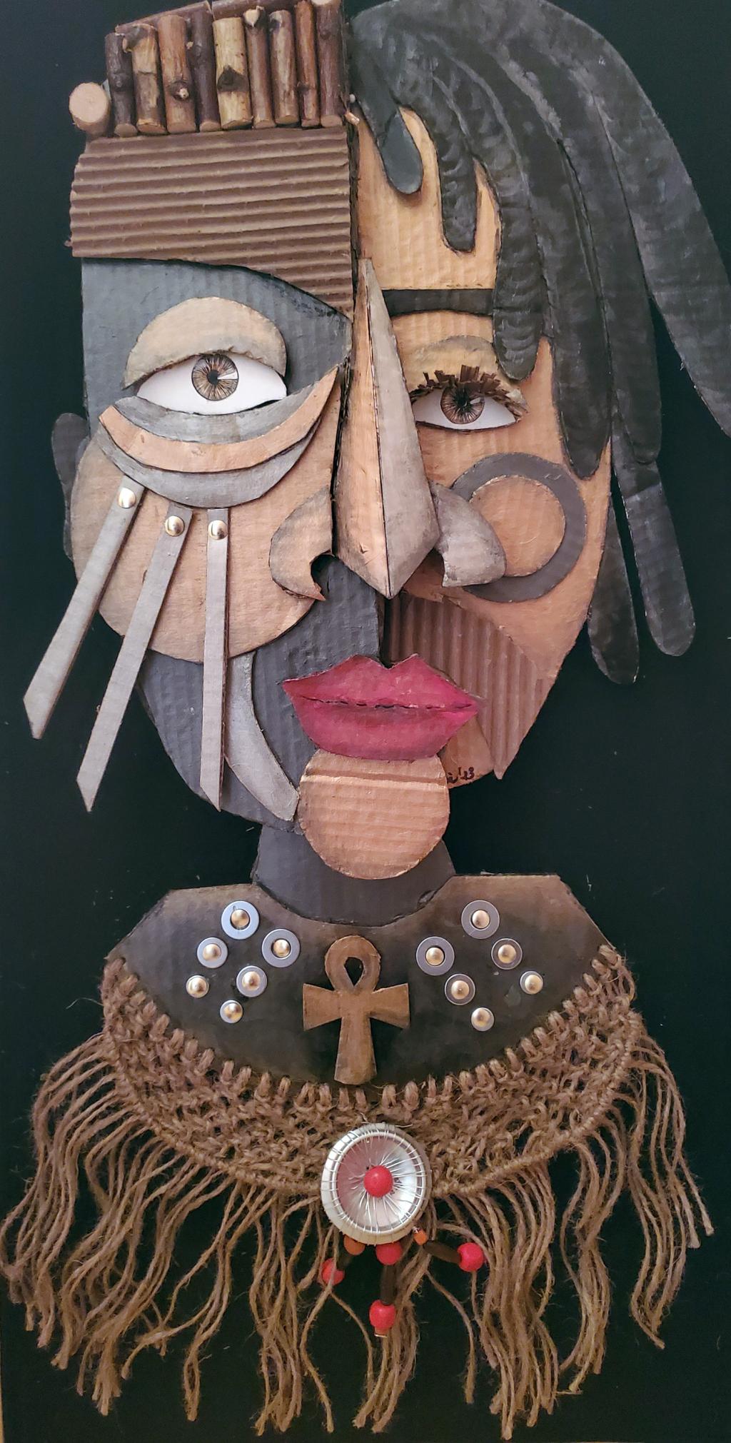 "Cora Maya" by Gwendolyn Barrington Jackson, 2023, corrugated boxes, wood, jute, washers, tacks, beads, soda cans, wire.  16 inches by 31 inches.