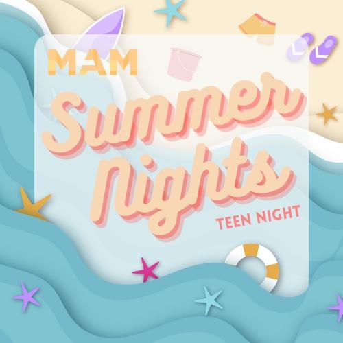 Teen Night Logo with title "Summer Nights" overlayed on top of a stylized beach scene with waves and sand
