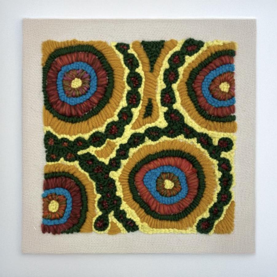 Colorful textile art featuring vibrant circular patterns in earthy tones, highlighted by green and yellow designs on a beige canvas.