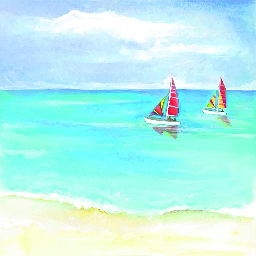 Watercolor beach background with two boats