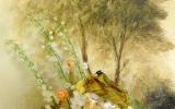 A vibrant floral arrangement with a yellow bird, set against a soft, painted landscape backdrop featuring trees and greenery.