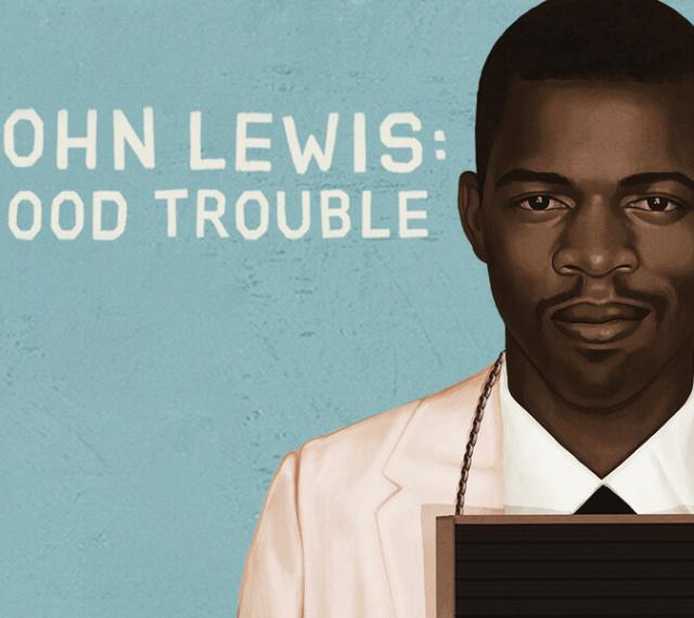 a promo image for the john lewis film. An illustration of a young Lewis after arrest with an ID board in front of him.