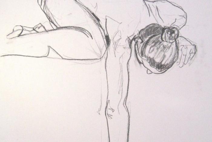 A pencil drawing, done from a live model, of a person crouching down and reaching for something. 