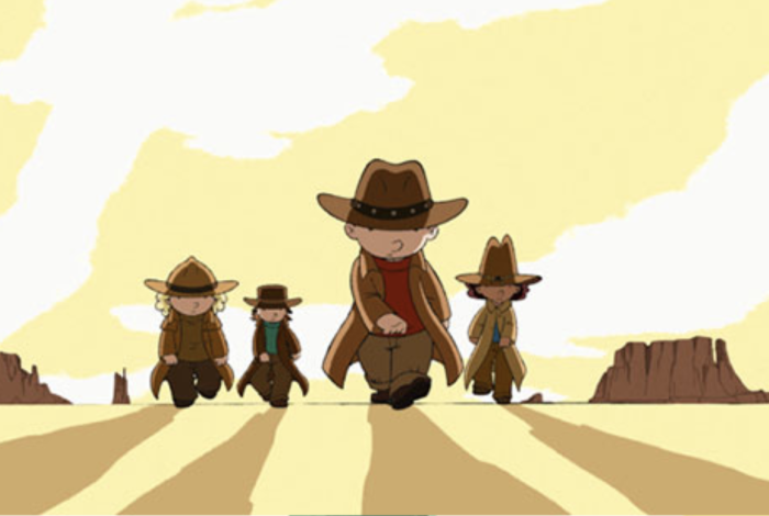 A wild-west-style animation of four children in cowboy hats walking through the desert.