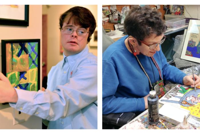 Two photos of artists collaged side by side. 