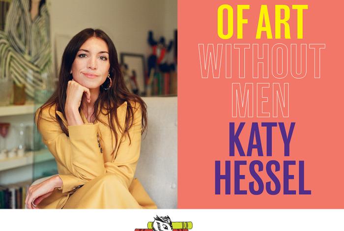 Headshot of Author Katy Hessel (left) and the cover of her book "The Story of Art Without Men" (right)
