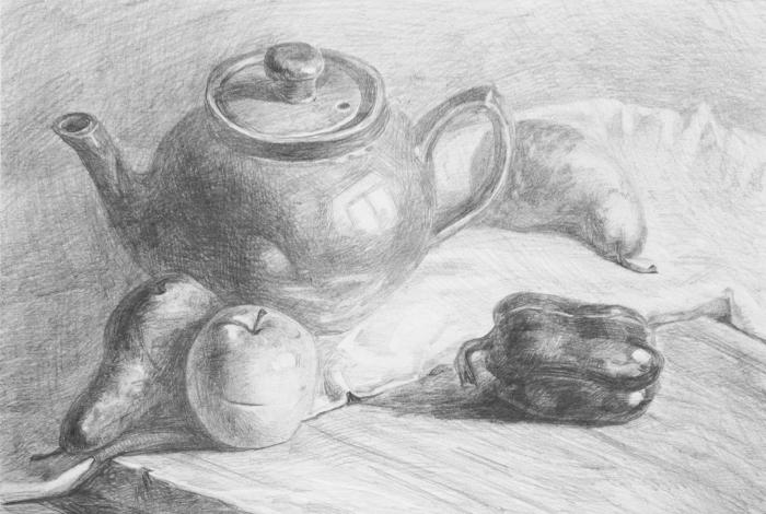 Still life with a teapot, pepper and pears. Pencil drawing