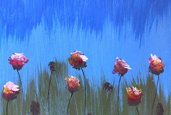 Loose painting of purple tulips with a blue background