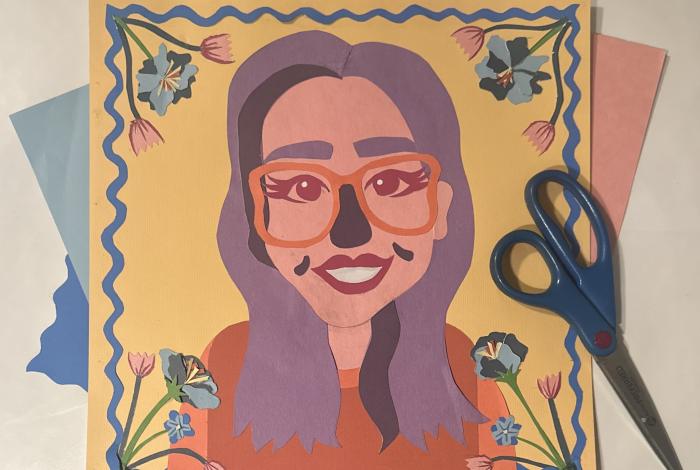 Art-inspired collage features colorful paper cutouts of flowers and wavy borders, alongside a pair of blue scissors.