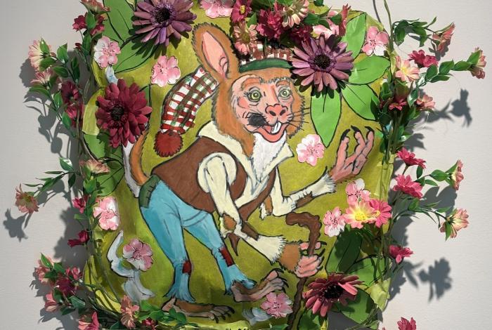 The Elf: Half Human/Half Animal by John Morey, 2025, Acrylic on paper with artificial flowers.