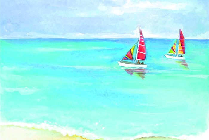 Watercolor beach background with two boats
